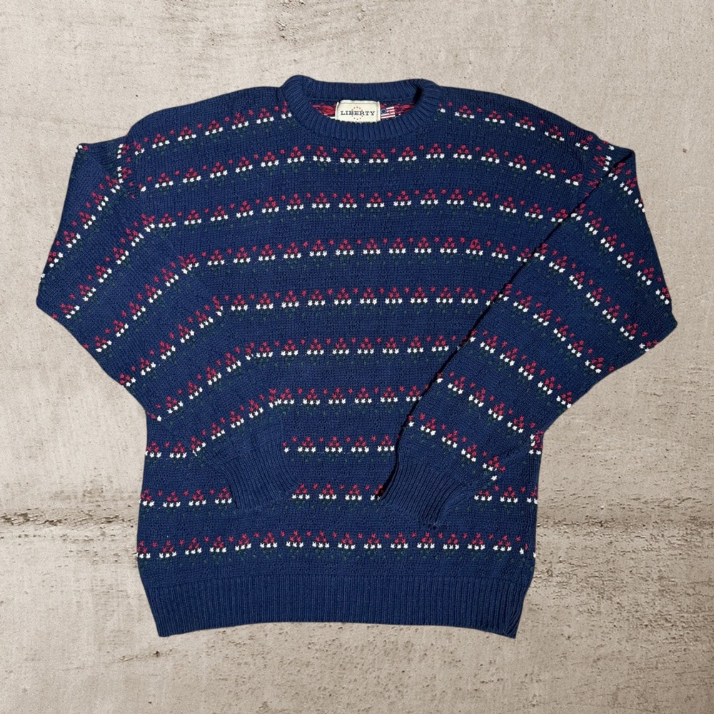 Vintage 90s Liberty By Old Glory Knit Sweater Men's Large Blue Cotton‎ Knitwear